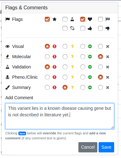 The Flags & Comments form tab on the Variant Filtration form.