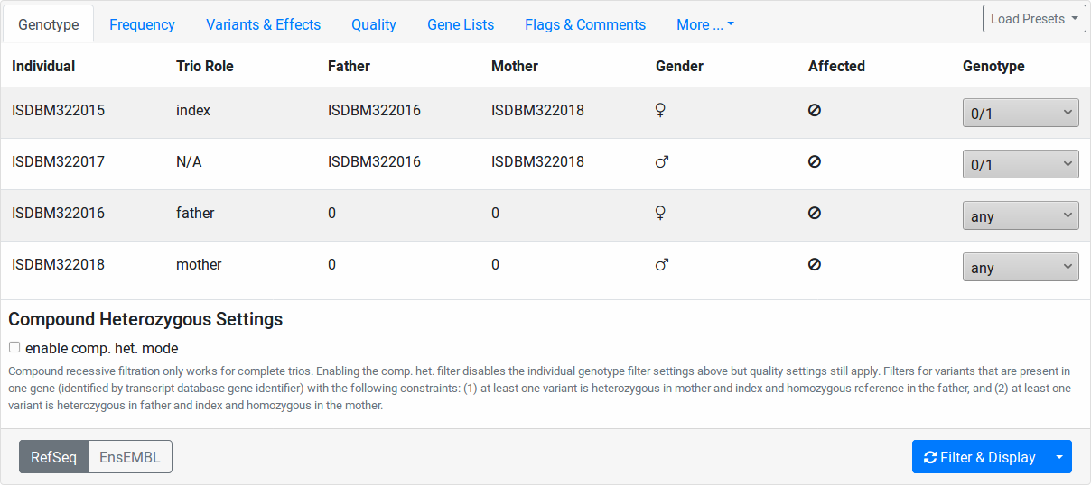 The Genotype form tab on the Variant Filtration form.